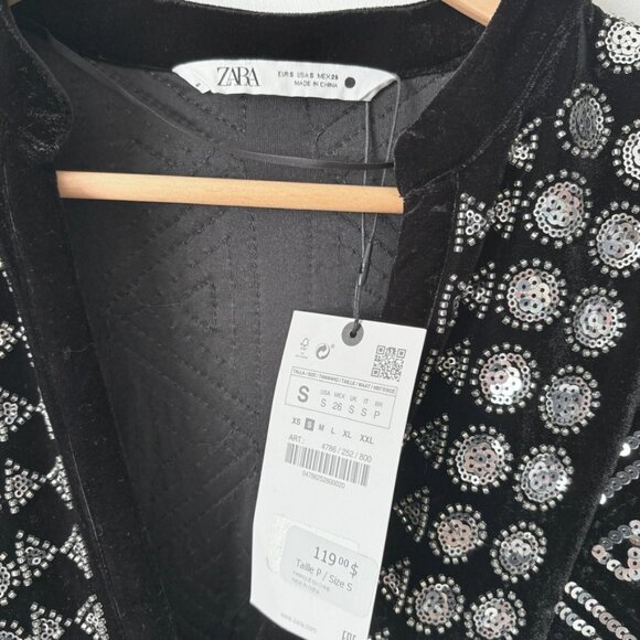 Zara Velvet Embroidered Sequin Short Dress NWT Black Silver Size Small - Picture 12 of 14